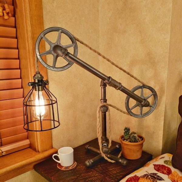 Industrial Desk Pulley Light - Metal Pulleys - Rope Pipe Desk Lamp - Table Lamp