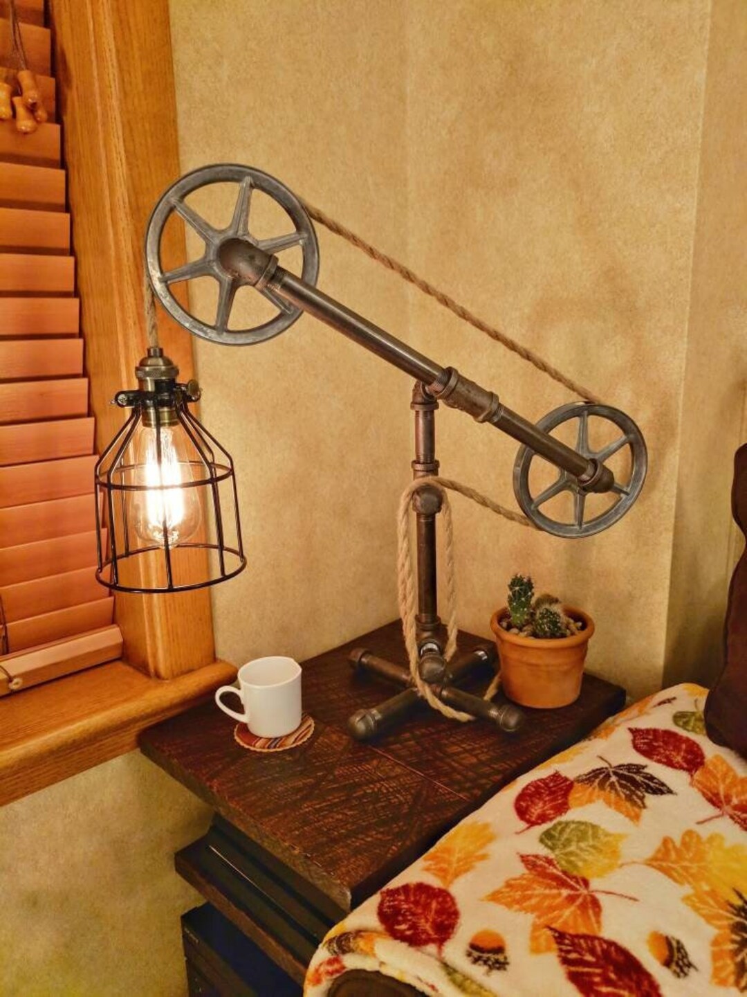 Industrial Desk Pulley Light Metal Pulleys Rope Pipe Desk Lamp Table