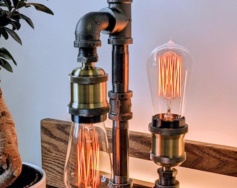 Industrial Pipe Table Lamp – Handmade Steampunk Style with Dual Edison Bulbs - Valve Switch - Red Rope Cord