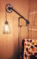 Industrial Floor Lamp - Metal Pulleys - Standing Light - Rope Cord