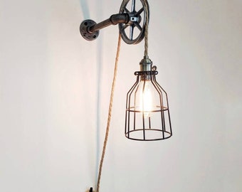 Industrial Pulley Wall Sconce: Adjustable Plug-in Pendant Light