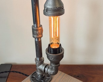 Handmade Industrial Pipe Table Lamp with Wood Base – Rustic Metal Desk Lamp, Exposed Edison Bulb, Knob Switch