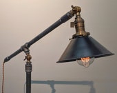 Industrial Articulating Floor Lamp - Standing Floor Light with Antique Brass Accents - Metal Shade - Rope Cord