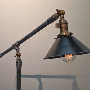 Industrial Articulating Floor Lamp - Standing Floor Light with Antique Brass Accents - Metal Shade - Rope Cord