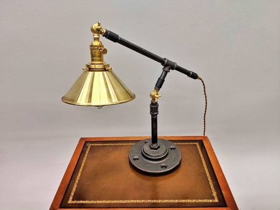 Industrial Articulating Desk Table Lamp Antique Brass Shade Etsy