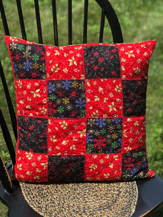 Pillow - Holiday Patchwork Quilted & Embroidered Pillow - #QP-88