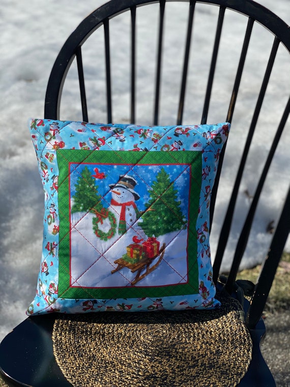 Pillow - Mr. Blizzard the Snowman w/ Sleigh Quilted Pillow - #QP-113