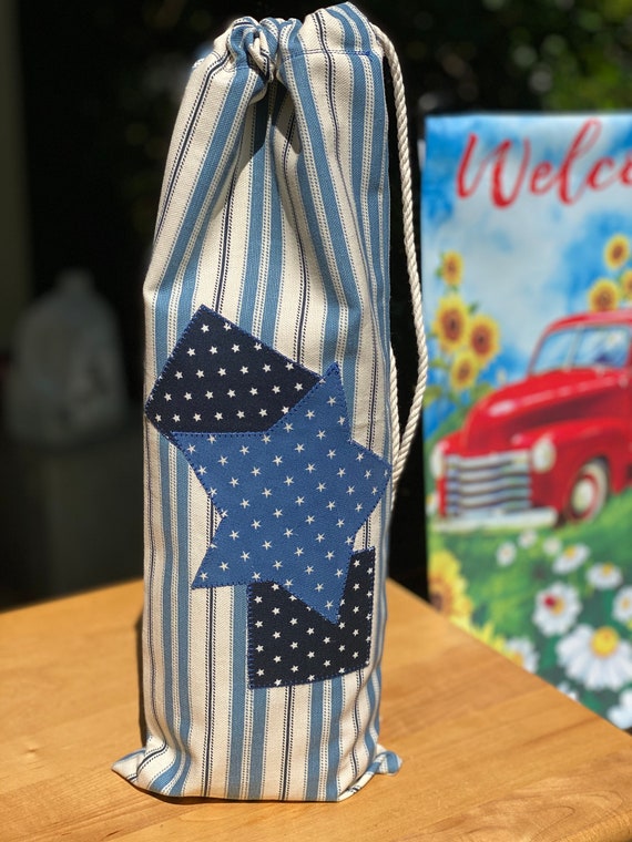 Wine Bag - Blue Star Appliquéd Wine Bag - #WB-23