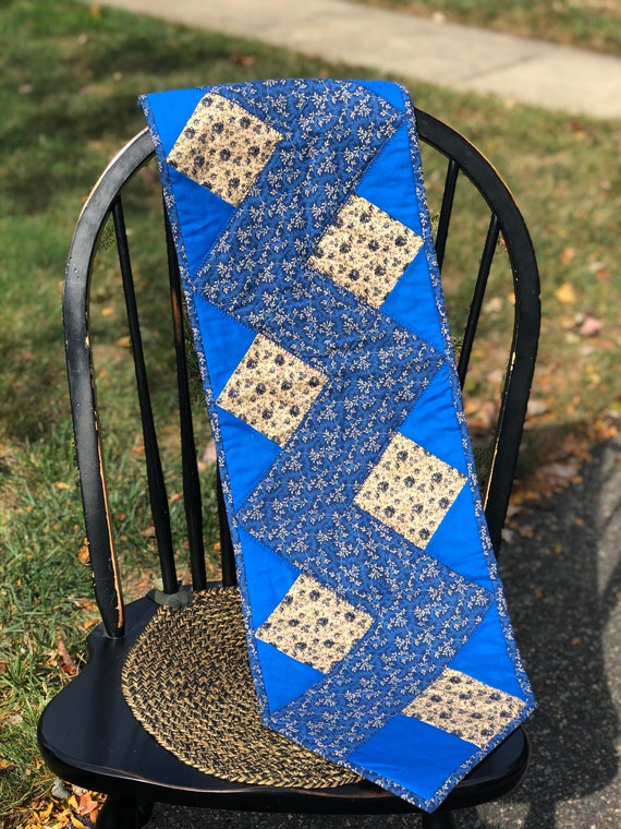 Table Runner - Blue Zig Zag Quilted Table Runner - #QR-35