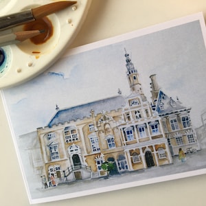 Cartolina stampata raffigurante il municipio di Haarlem, tratta dal dipinto originale ad acquerello