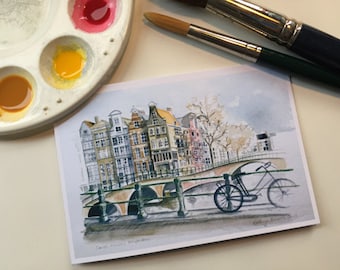 Carte imprimée représentant des maisons de canal hollandaises tirées d'une peinture à l'aquarelle originale