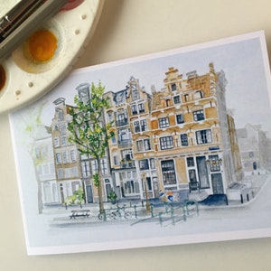 Biglietto stampato con Brouwersgracht Amsterdam tratto dal dipinto ad acquerello originale