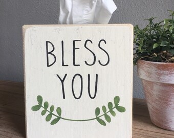 tissue box cover, bathroom decor, tissue box, farmhouse decor, farmhouse bathroom, bless you tissue box, rustic decor, hand painted decor