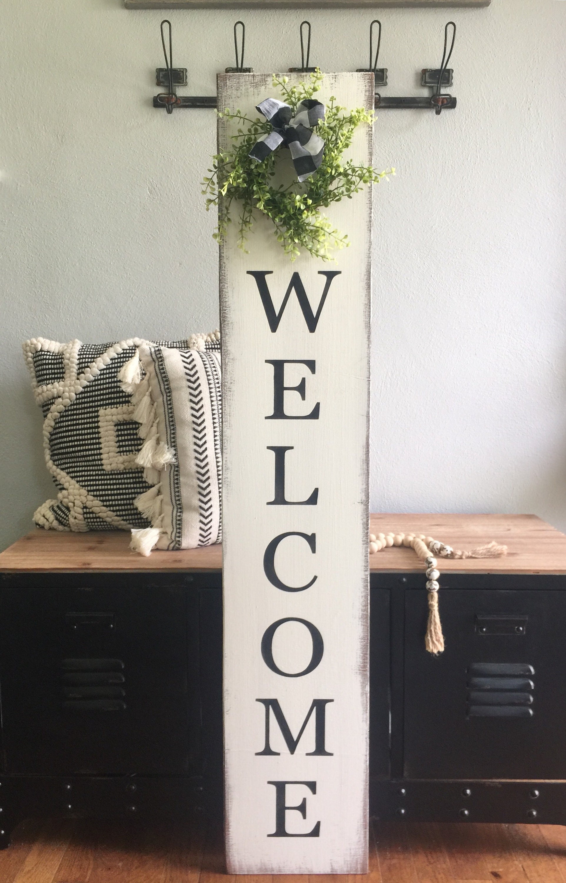 Welcome sign sign with wreath buffalo plaid buffalo check ...
