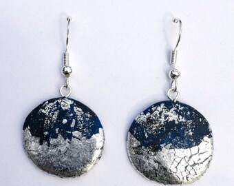 Midnight Earrings, Silver Leaf, Polymer Clay