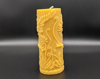 Fern style beeswax pillar, Beeswax Candles, natural candle, decorated Pillar, smoke free, 100% Pure Beeswax Candle