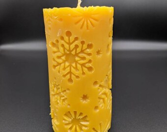 Beeswax Candle, Winter Solstice Pillar, Snowflake Pillars, Large winter themed candle, natural beeswax candle