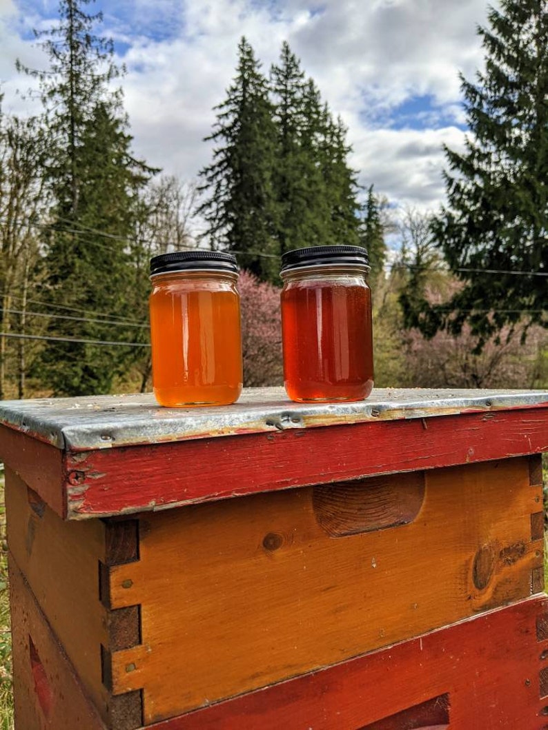 May include: Two glass jars of honey, one light amber and one dark amber, sit on top of a wooden beehive. The beehive is painted red and has a metal lid.