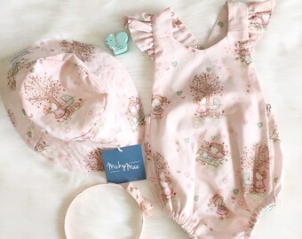 Baby Girl Astoria Playsuit and Hat Handmade Set Romper and Bucket Hat New Baby