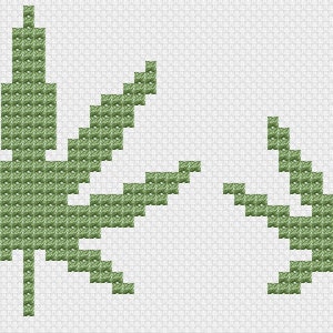May include: Two green marijuana leaf cross-stitch patterns. The larger leaf is on the left and the smaller leaf is on the right.