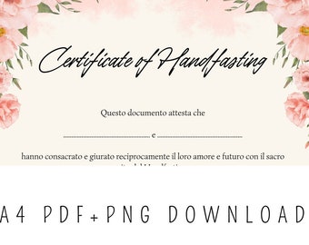 Certificato di handfasting romantico con fiori / italiano o inglese / Regalo originale / Personalizzabile / Ricordi di nozze / Regalo sposi