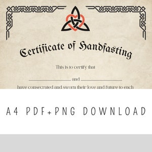 Certificate of handfasting pagan wedding | Celtic marriage | matrimonio wicca | Certificato di nozze | regalo sposi | pergamena Triquetra
