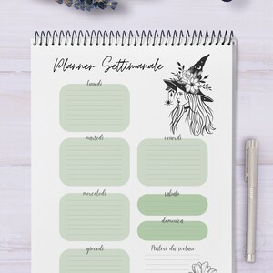 May include: A weekly planner with a witch illustration and a green background. The planner has sections for each day of the week: Monday, Tuesday, Wednesday, Thursday, Friday, Saturday, and Sunday. There is also a section for "Notes to self".