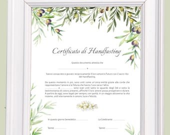 Certificato di matrimonio Handfasting pdf personalizzabile - Decorato olive, foglie verdi per un design moderno - Regalo per sposi - Ulivo