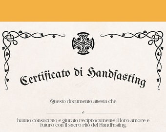 CERTIFICATO HANDFASTING Italiano scaricabile e stampabile formato A4/A5, personalizzabile. Motivi celtici. Matrimonio pagano, nodi d'amore