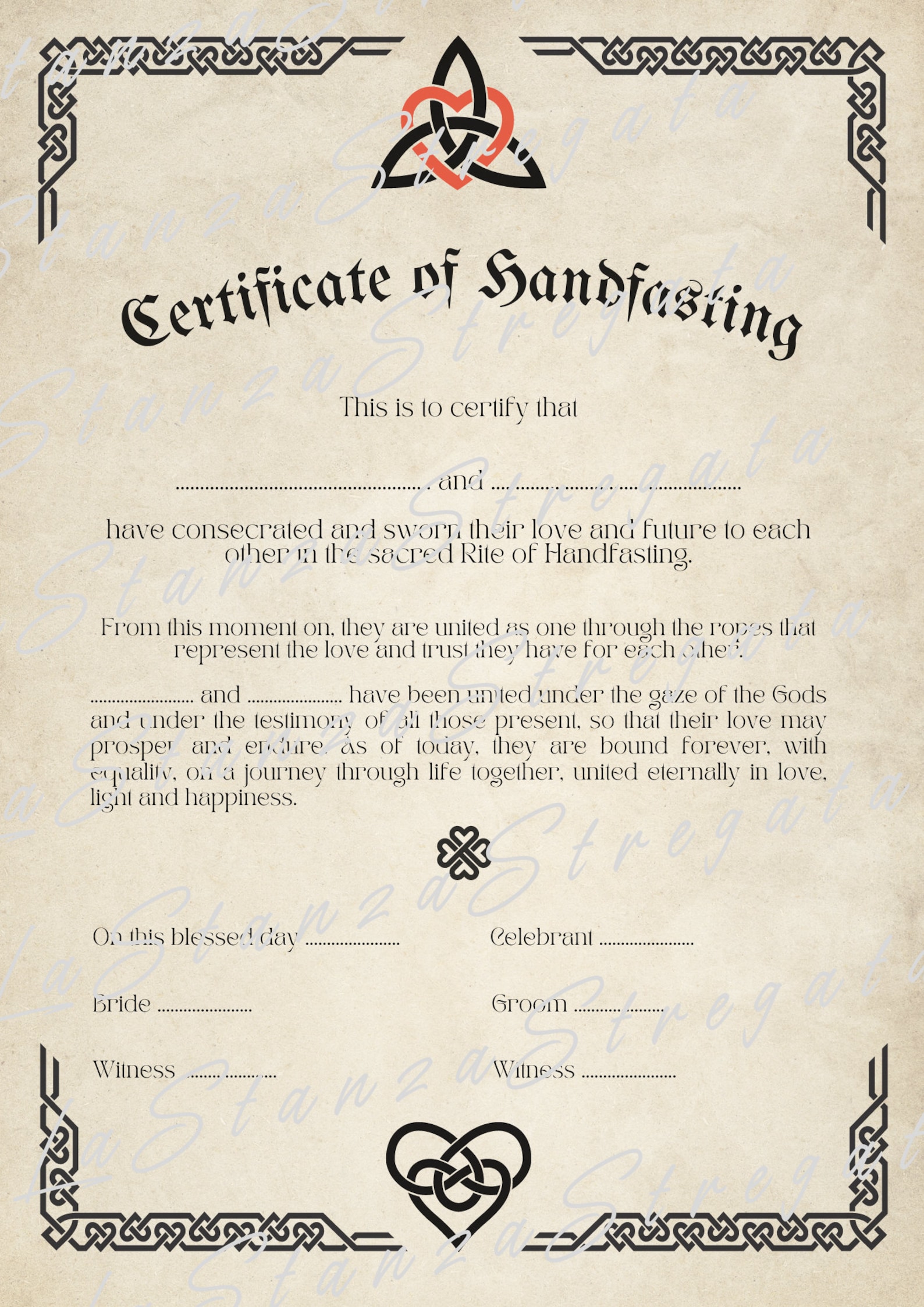 Certificate of Handfasting Pagan Wedding | Celtic Marriage | Matrimonio Wicca | Certificato Di ...