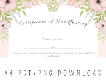 Certificato di handfasting romantico con fiori / sposa e sposa / Regalo originale / Personalizzabile / Matrimonio celtico / Regalo di nozze / Pagano