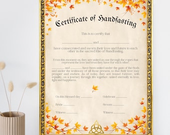 Autumn Handfasting Certificate: Celtic Pagan Wedding, Triquetra (Digital Download) available English / Italiano - PDF A4 / A5