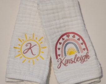 Personalized Baby Burp Cloths, Monogram, Embroidered, Baby Girl, Rainbow and Sun, Shades of Pink, Single or Set of 2Gifts under 25 Dollars.