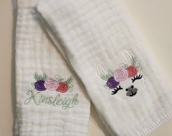 Llama/Alpaca Personalized Baby Burp Cloths, Embroidered, Baby Girl, Single or Set of 2Gifts under 25 Dollars.