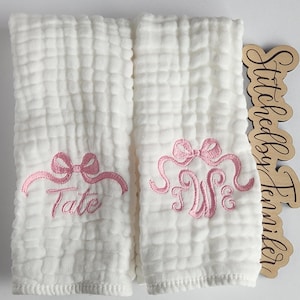 Bow Personalized Baby Burp Cloths, Monogram, Embroidered, Baby Girl, Single or Set of 2. If you would like a different color, just ask.