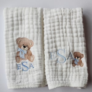 Teddy Bear with Bow Personalized Baby Burp Cloths, 1 or Set of 2, Monogram, Embroidered, Baby Boy/Girl. Bow color can be changed. image 2