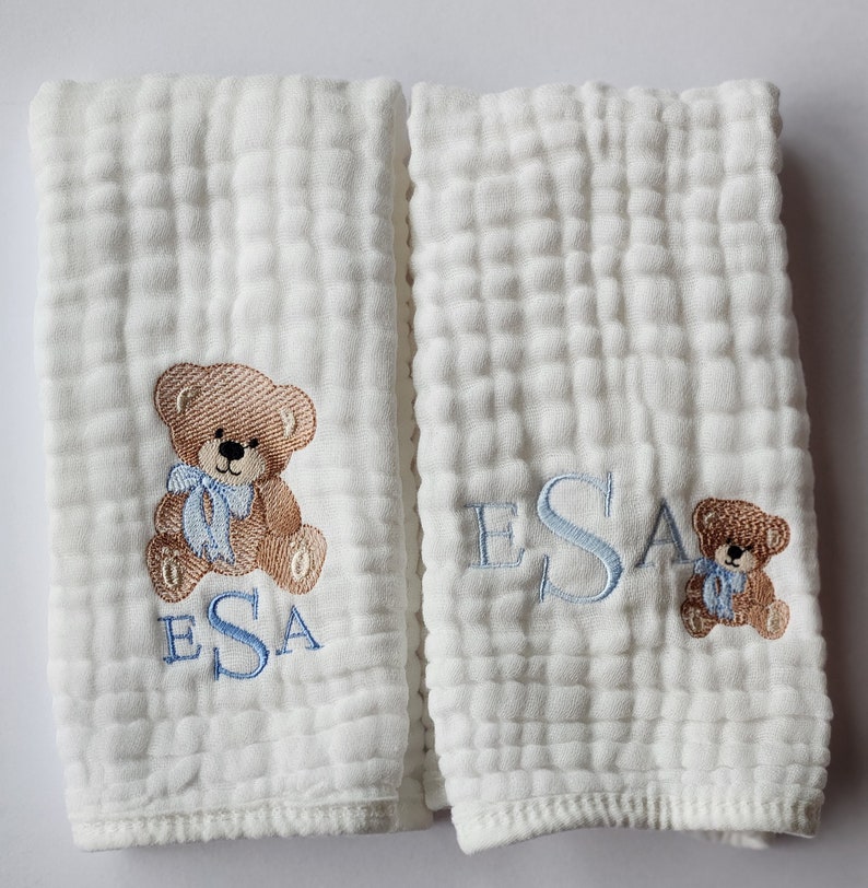 Teddy Bear with Bow Personalized Baby Burp Cloths, 1 or Set of 2, Monogram, Embroidered, Baby Boy/Girl. Bow color can be changed. image 2