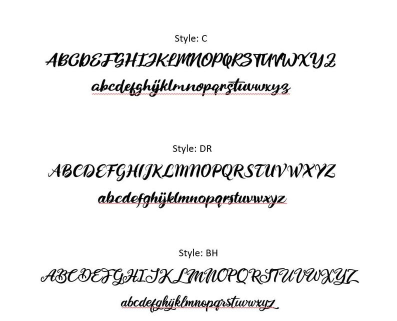 May include: Three different styles of uppercase and lowercase letters in a cursive font. The styles are labeled "C", "DR", and "BH".