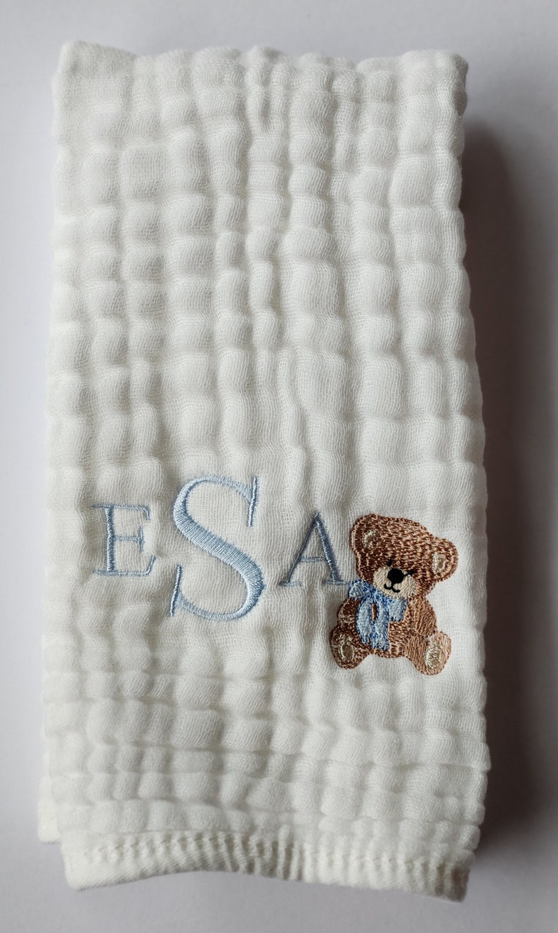 Teddy Bear with Bow Personalized Baby Burp Cloths, 1 or Set of 2, Monogram, Embroidered, Baby Boy/Girl. Bow color can be changed. image 4