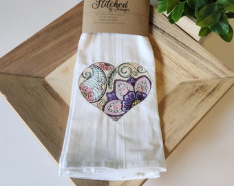 Paisley Mandala Heart Towel, Flour Sack Kitchen Towels, Embroidered Kitchen Towel, Tea Towel. Cab be personalized.