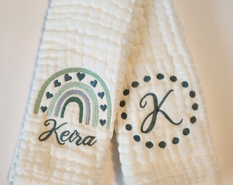 Personalized Baby Burp Cloths, Monogram, Embroidered, Baby Girl, Baby Boy, Rainbow, Shades of Green, Single or Set of 2