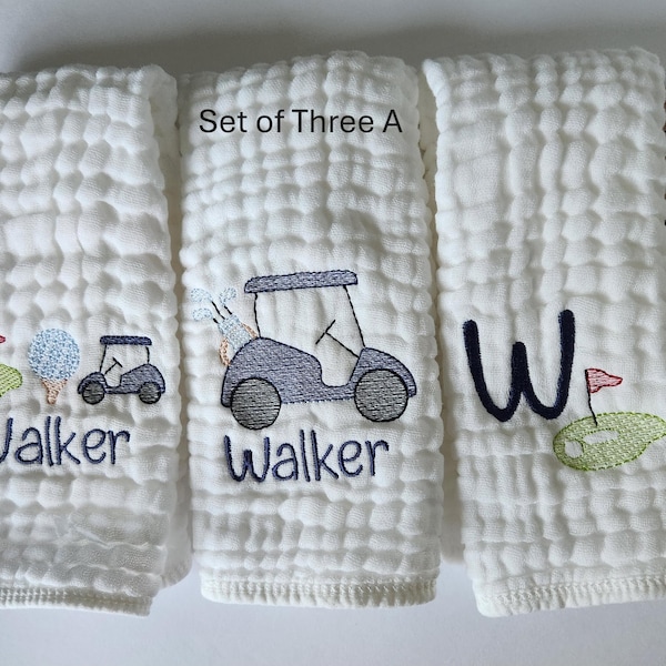 Golfing Personalized Baby Burp Cloths, Monogram, Embroidered, Baby Girl or Boy, Golfing Burp Cloth set, Single or Set of 2