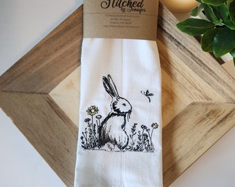 Bunny in a field of flowers. Flour Sack Kitchen Towels, Embroidered Kitchen Towel, Tea TowelHigh quality, tightly woven 100 % cotton.