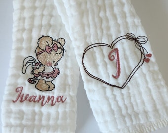 Little Girl Bear with Bunny Stuffie Personalized Baby Burp Cloths, Monogram, Embroidered, Baby Girl, Single or Set of 2