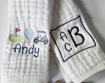 Golfing Personalized Baby Burp Cloths, Monogram, Embroidered, Baby Girl or Boy, Golfing Burp Cloth set, Single or Set of 2