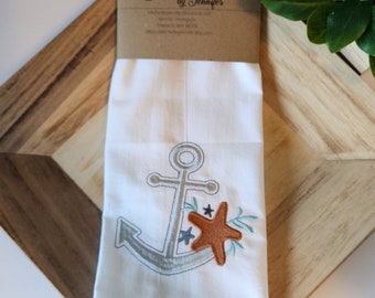 Anchor and Starfish Embroidered Towel, Flour Sack Kitchen Towels, Embroidered Kitchen Towel, Tea Towel. Can be personalized.