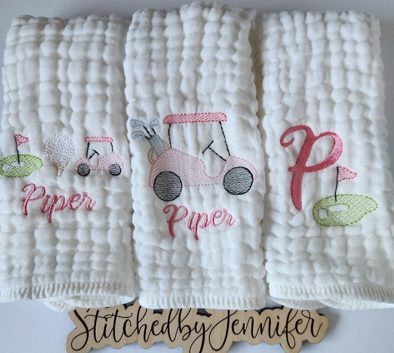 Pink Golfing Personalized Baby Burp Cloths, Monogram, Embroidered, Baby Girl or Boy, Golfing Burp Cloth set, Single or Set of 2