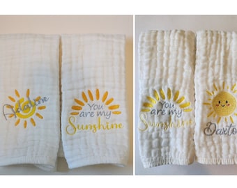 You are my Sunshine Personalized Baby Burp Cloths, Embroidered, Baby Girl or Boy, Single or Set of 2