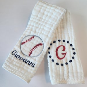 Baseball Personalized Baby Burp Cloths, Embroidered, Baby Girl, Baby Boy. Single or set of Two. Colors can be changed.