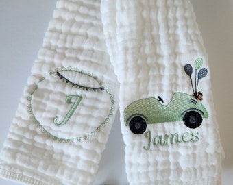 Vintage Car with Balloons Personalized Baby Burp Cloths, Monogram, Embroidered, Baby Girl or Boy, Single or Set of 2